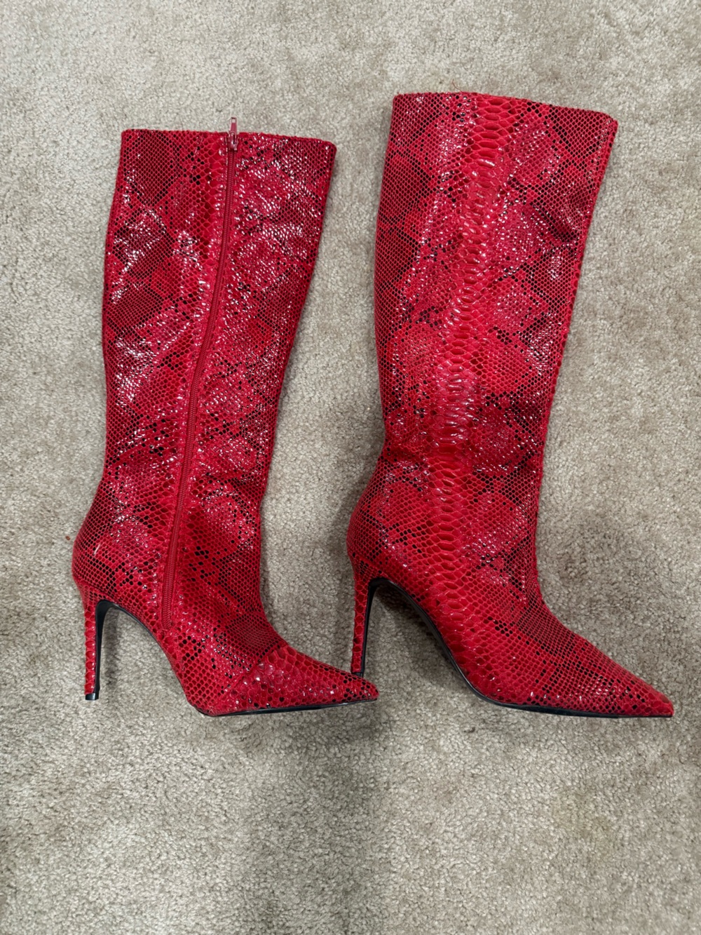 Red Snake-Print Knee Boots